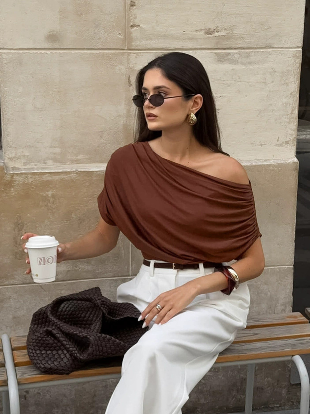 Forever 21 Asymmetric One Shoulder Loose Brown Modal Short Sleeve Pullover Top